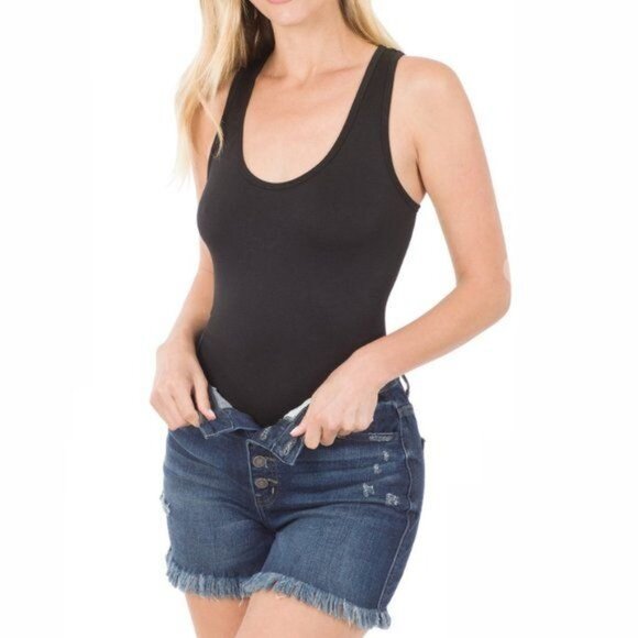 Zenana Racerback Scoop Neck Snap Bottom Basic Tank Top Leotard Bodysuit Black - Picture 4 of 7